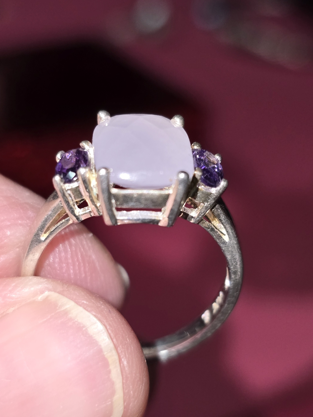 Sterling Silver Lavender Chalcedony & Amethyst Three-Stone Ring Size 7 - Picture 2 of 9